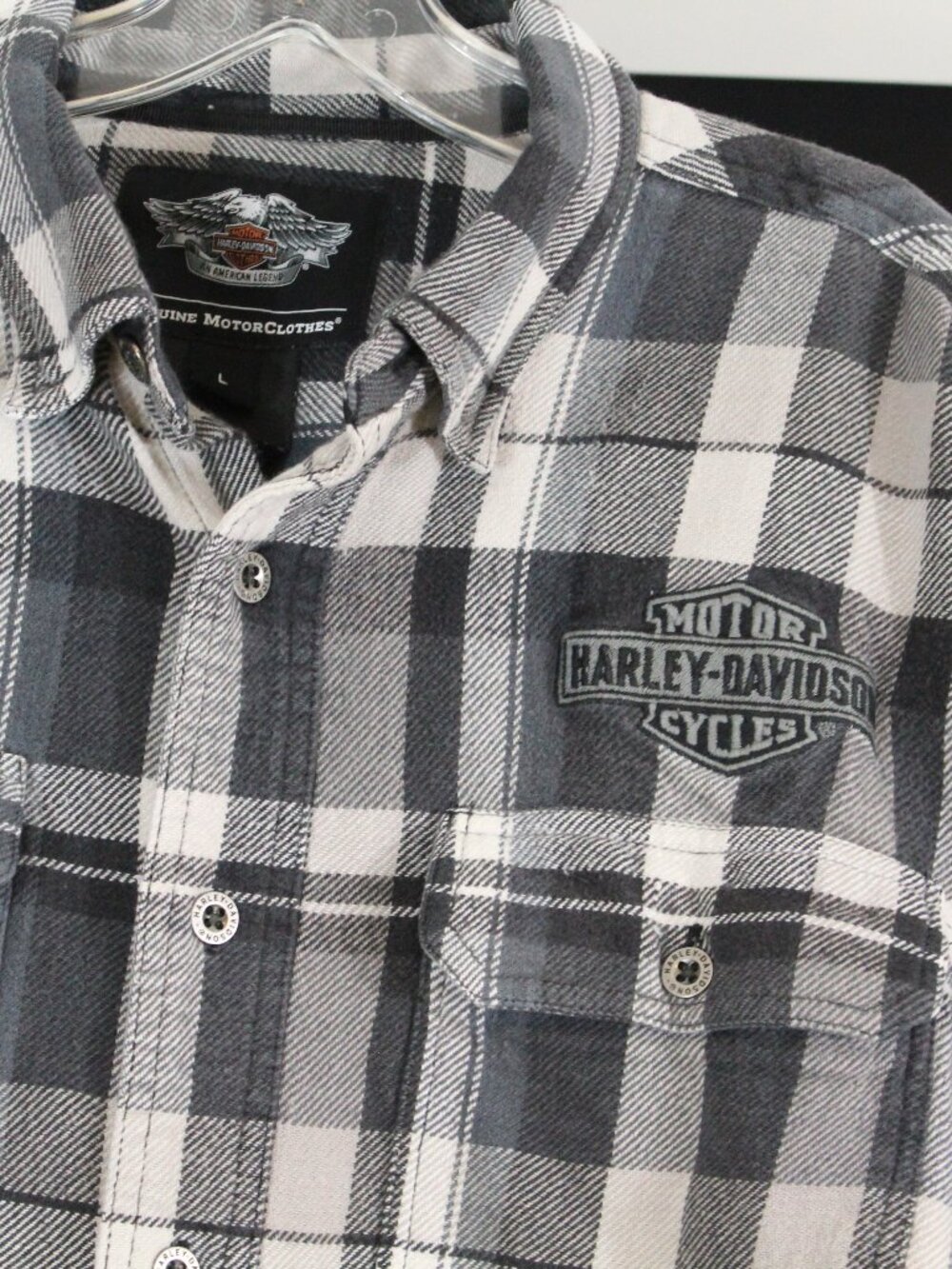 Harley-Davidson Plaid Flannel Shirt L Black White Logo Button Up